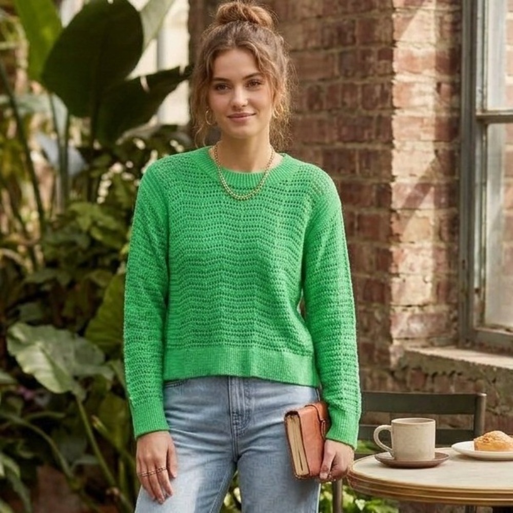 J.Crew Pointelle Knit Sweater Womens Small Green Open Knit Boucle Kelly Green